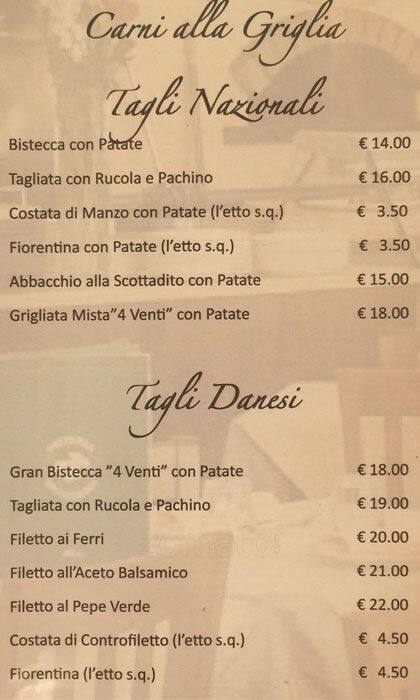 Menu di bisteccheria 4 venti 