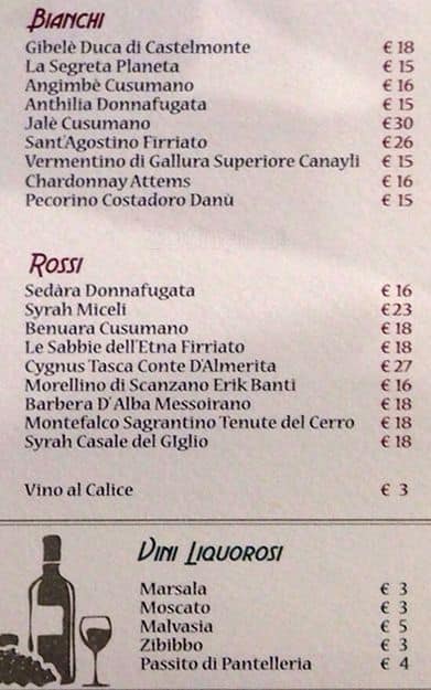 Menu di Taverne Trinacria 