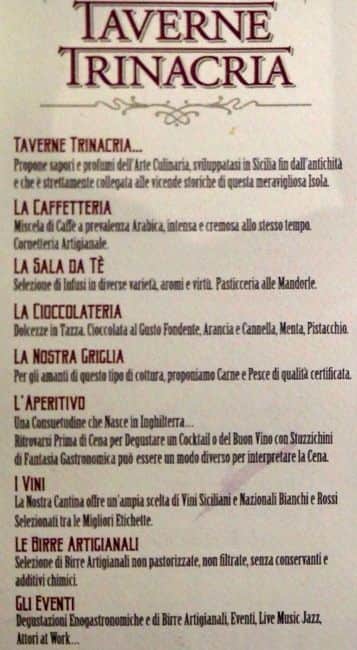 Menu di Taverne Trinacria 