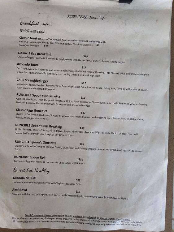 Menu at Runcible Spoon restaurant, Camperdown