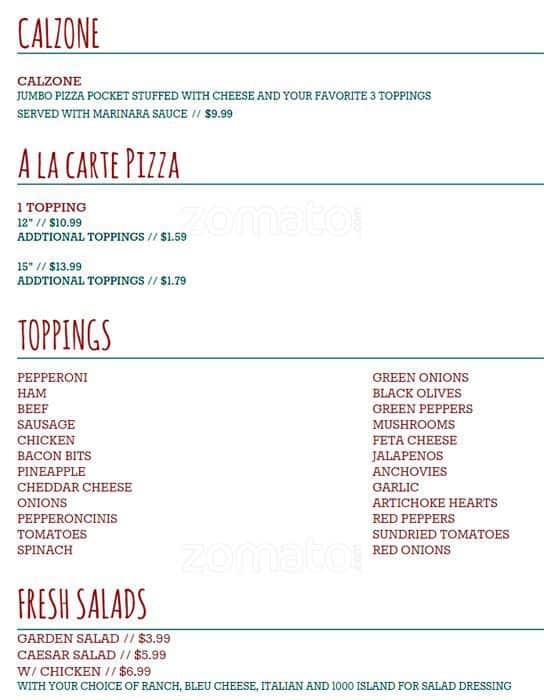 Menu at Pizza Gallery pizzeria, Burien