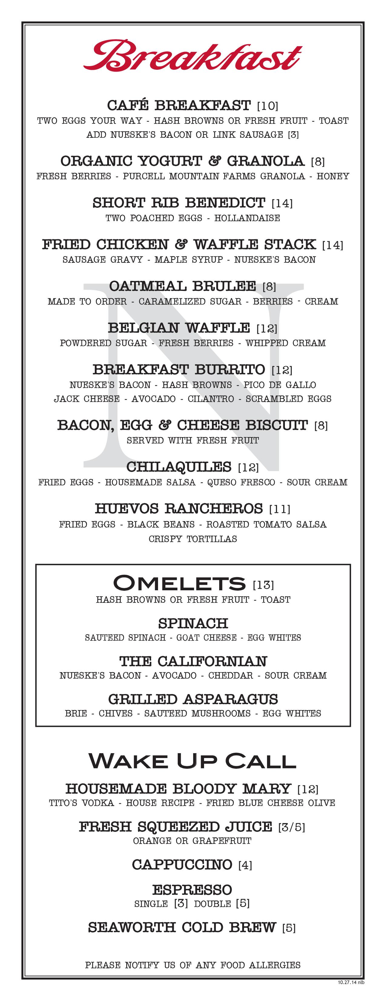 Menu at Nick's Laguna Beach steakhouse, Laguna Beach