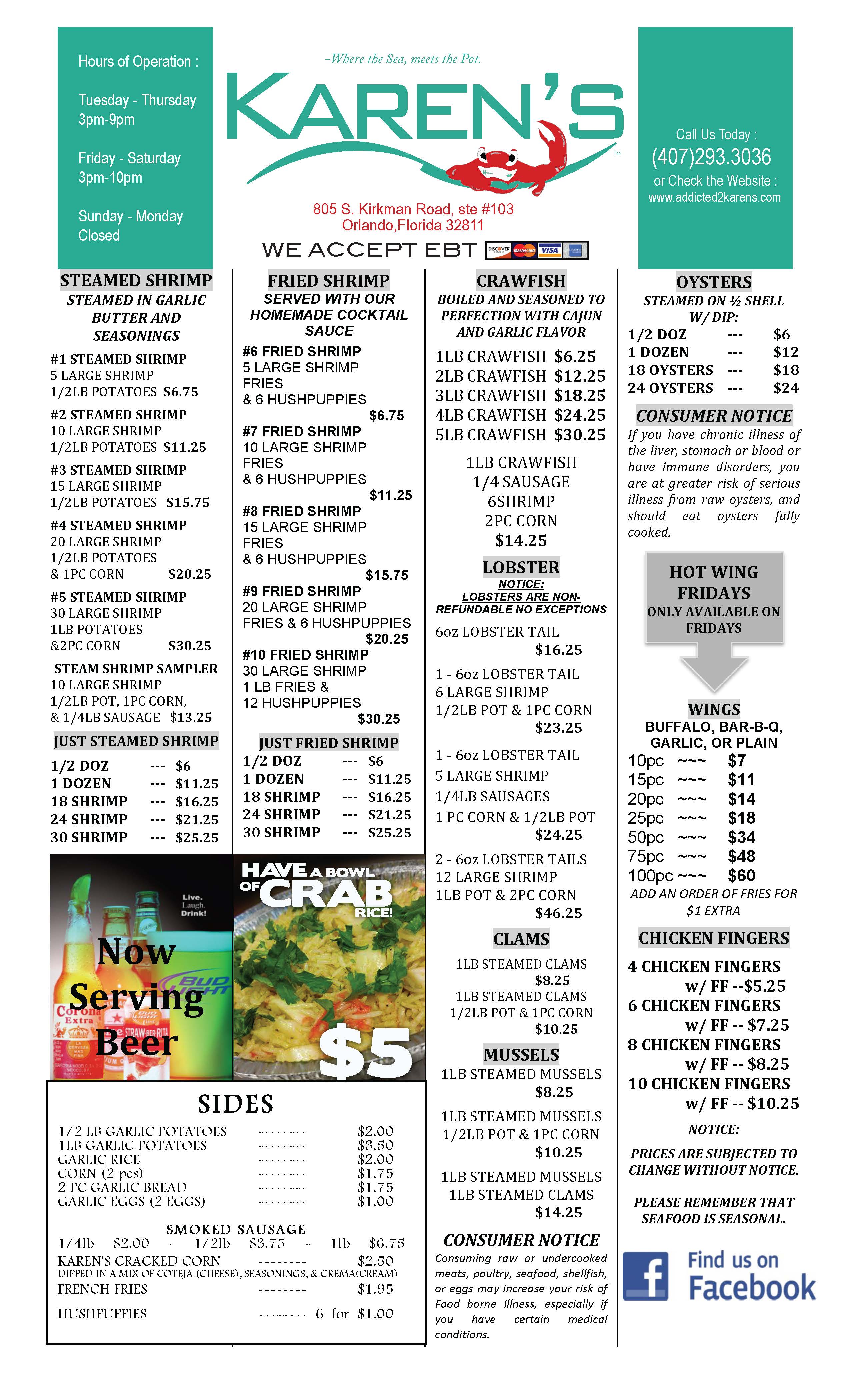 Karen's Tasty Crabs menu, Menu restauracji Karen's Tasty Crabs, West