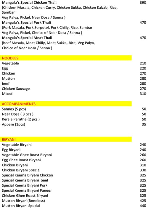 Mangala Bar & Restaurant menu