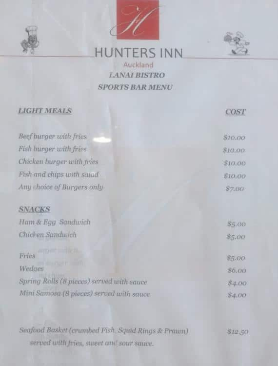 Hunters Inn Menu, Menu for Hunters Inn, Papatoetoe, Auckland ...