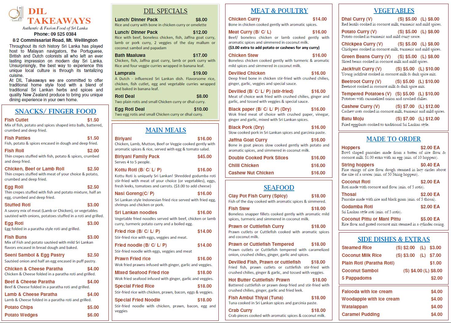 Menu at Dil Takeaways restaurant, Auckland