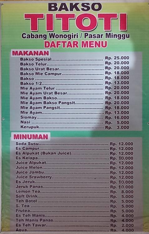 Bakso Titoti Menu Menu For Bakso Titoti Pasar Minggu Jakarta