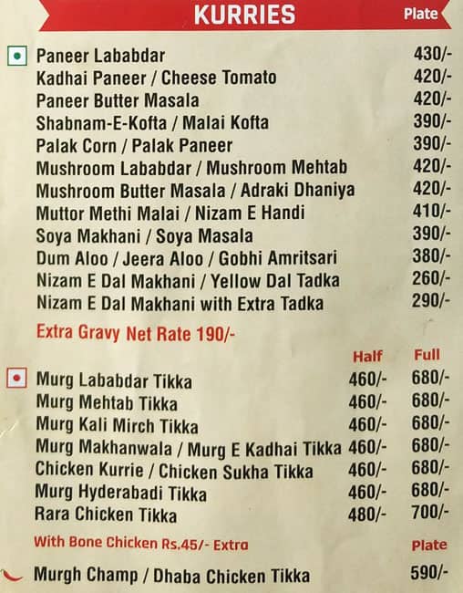 Nizam E Khaas menu