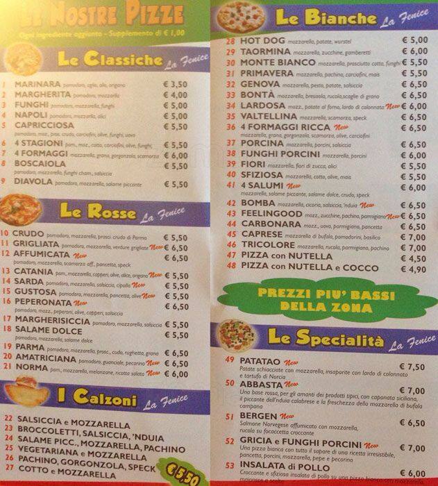 Menu di La Fenice 