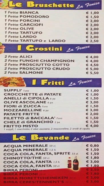 Menu di La Fenice 