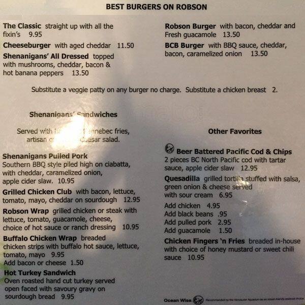 Shenanigans on Robson Menu, Menu for Shenanigans on Robson, West End