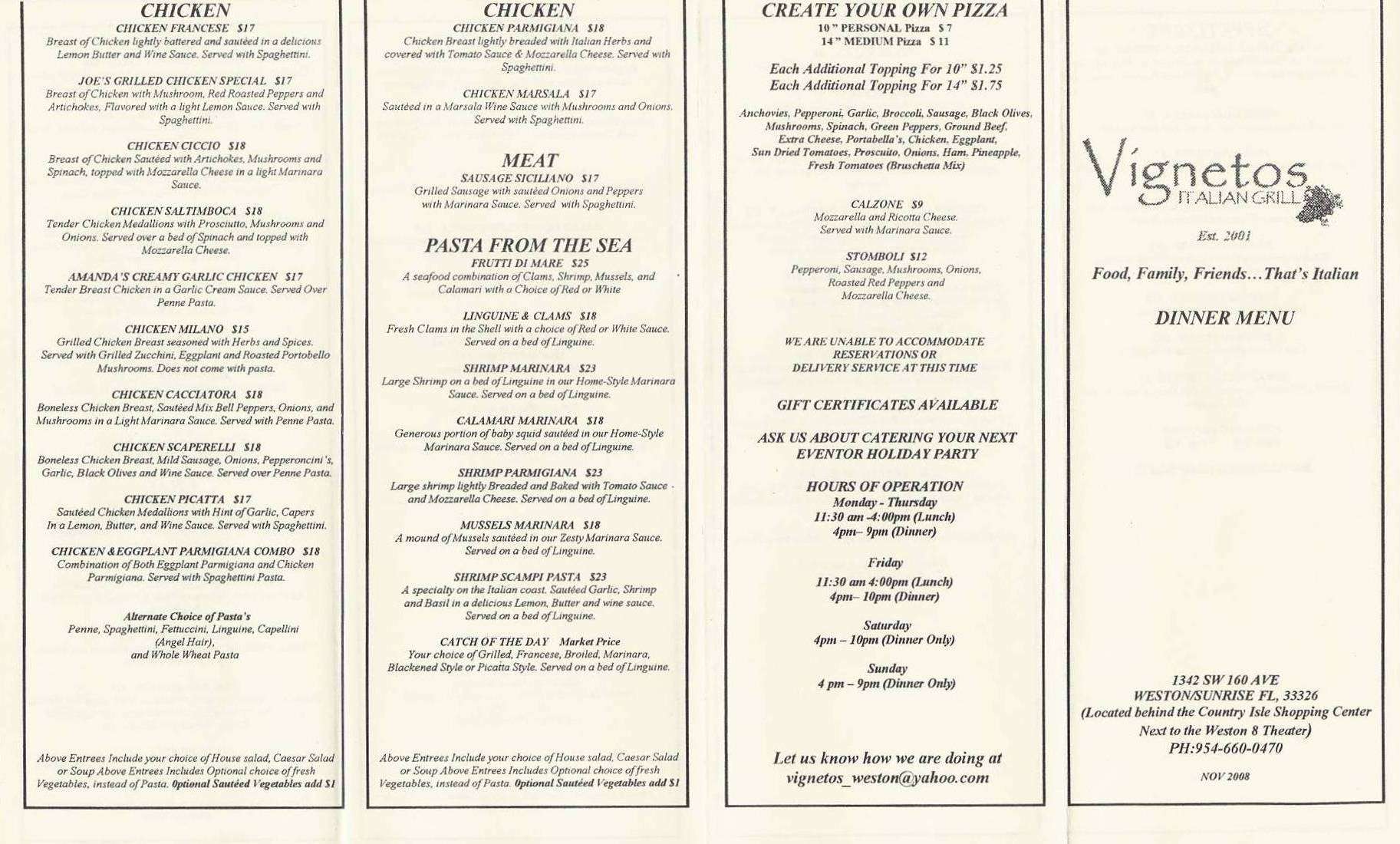 Italian Grill Menu, Menu for Italian Grill, Weston