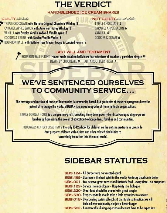 Menu at Sidebar at Whiskey Row, Louisville