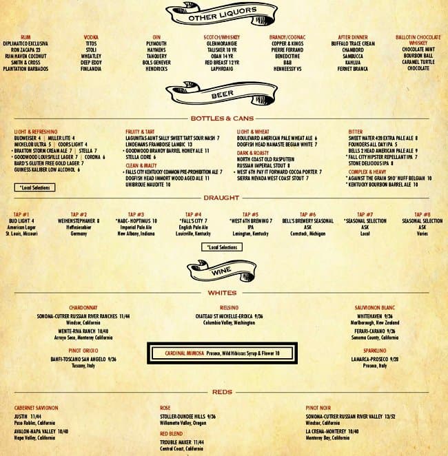 Menu at Sidebar at Whiskey Row, Louisville