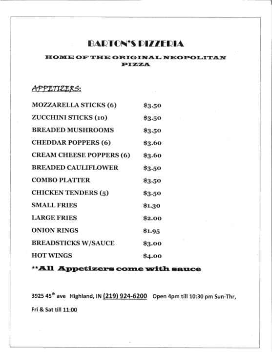 Menu at Barton's Pizzeria, Hammond