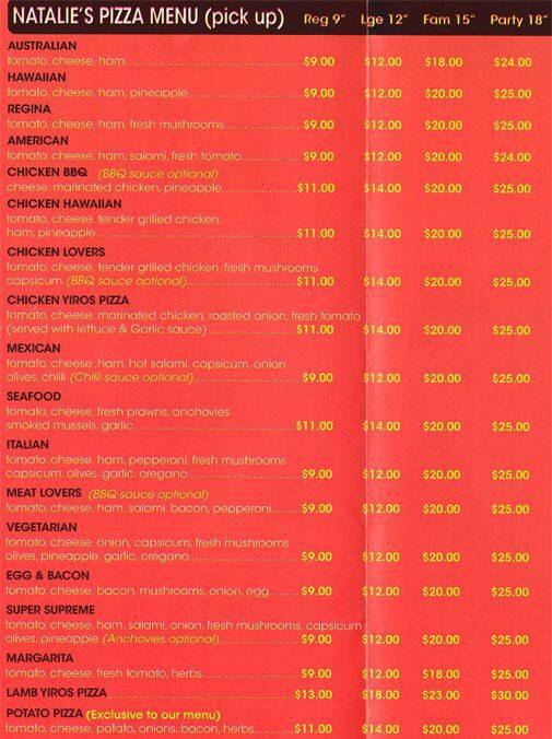 Natalie's Cafe Pizzeria Menu Urbanspoon/Zomato