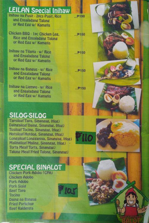 Menu at Leilan Pampanga's Binalot Restaurant, Pasig