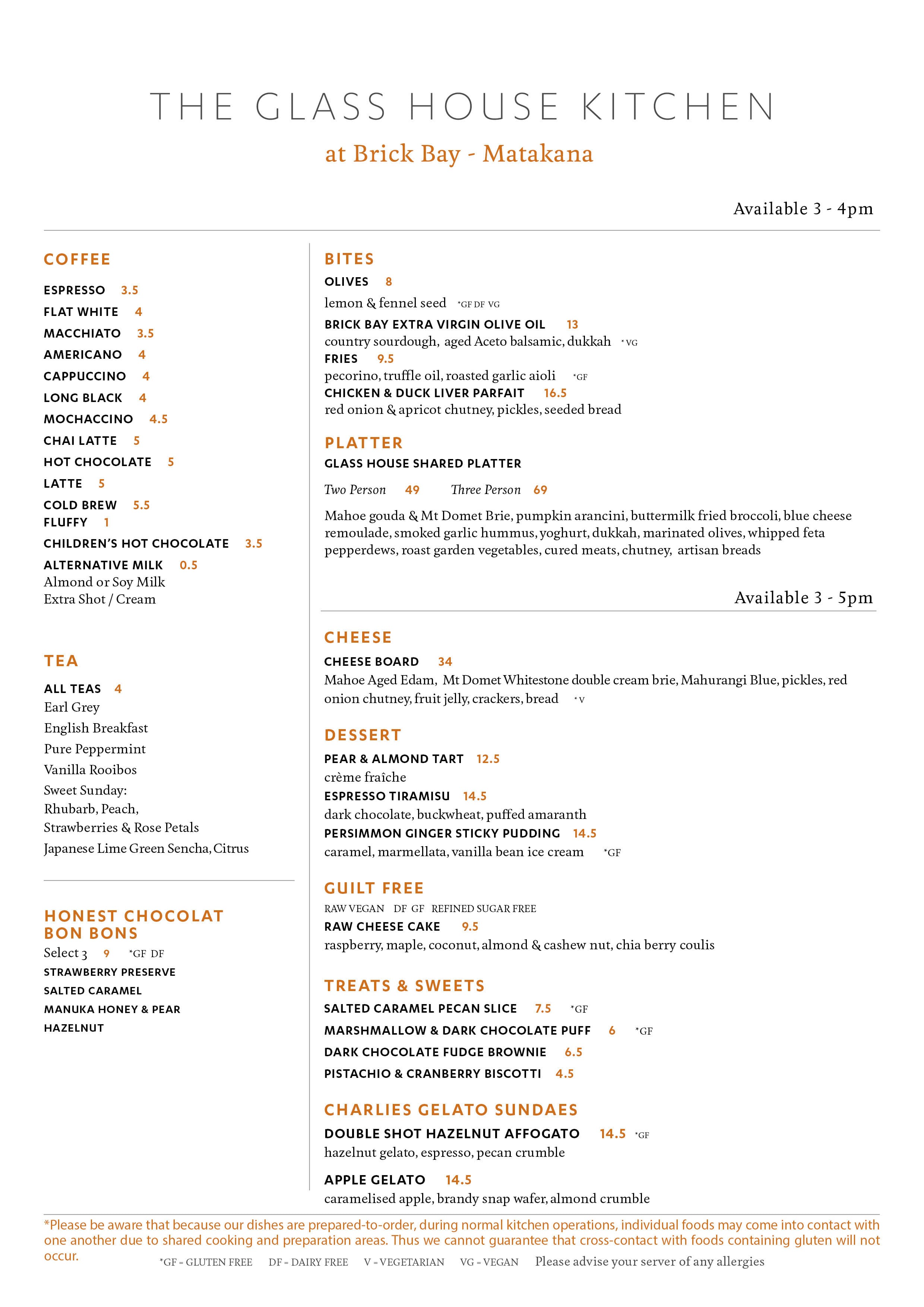 Menu at The Glass House restaurant, Snells Beach