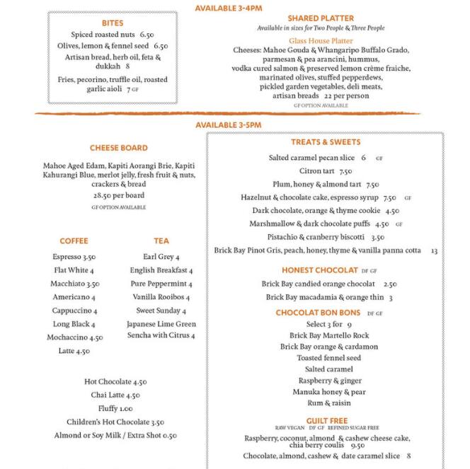 The Glass House Menu, Menu for The Glass House, Snells Beach, Auckland