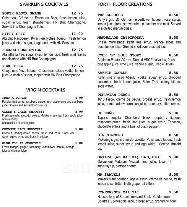 Forth Floor Window Bar Menu, Menu for Forth Floor Window Bar, New Town