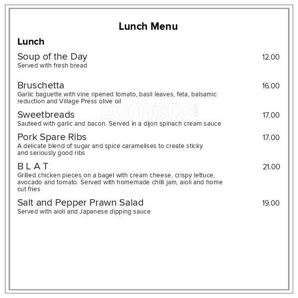 Menu at Aberdeen restaurant, Palmerston North