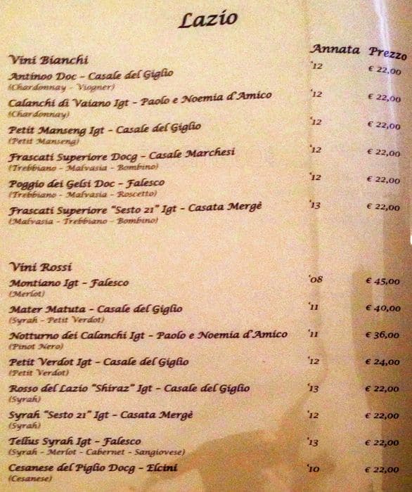 Menu de Osteria del Sostegno