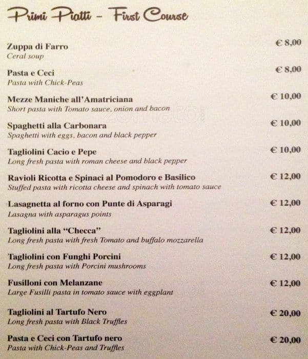 Menu de Osteria del Sostegno