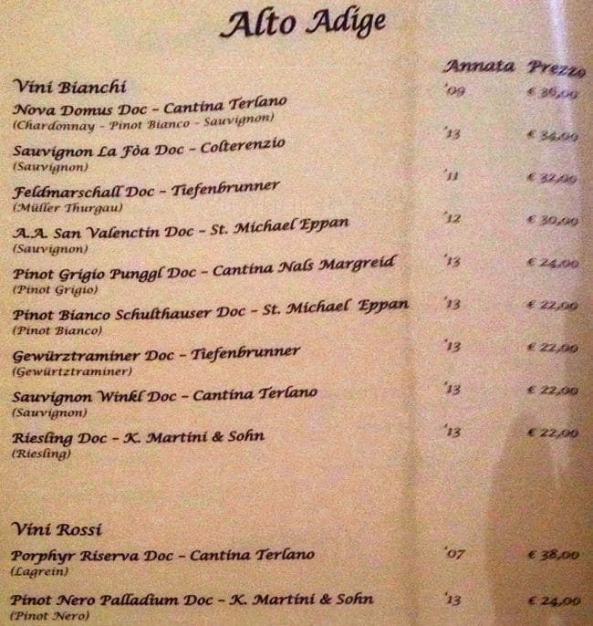 Menu de Osteria del Sostegno