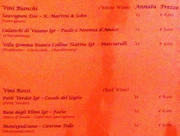 Menu de Osteria del Sostegno