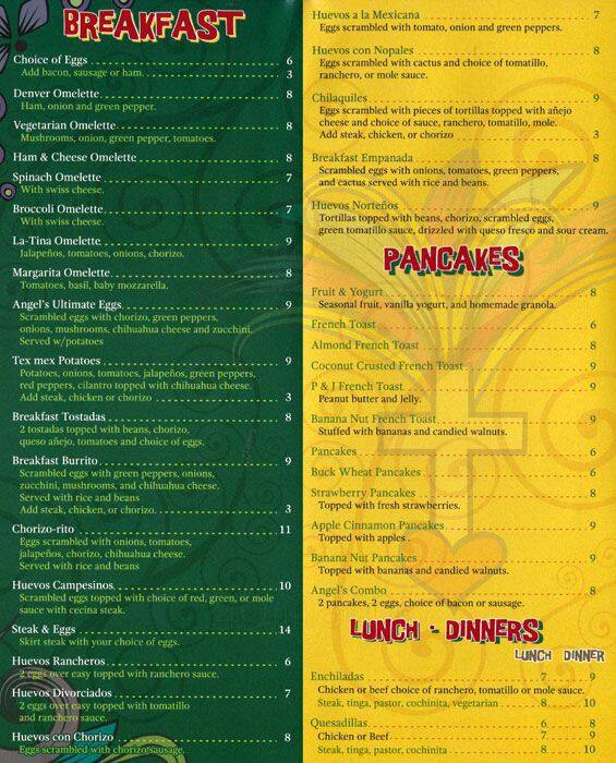 Carta de Angel's Restaurant .