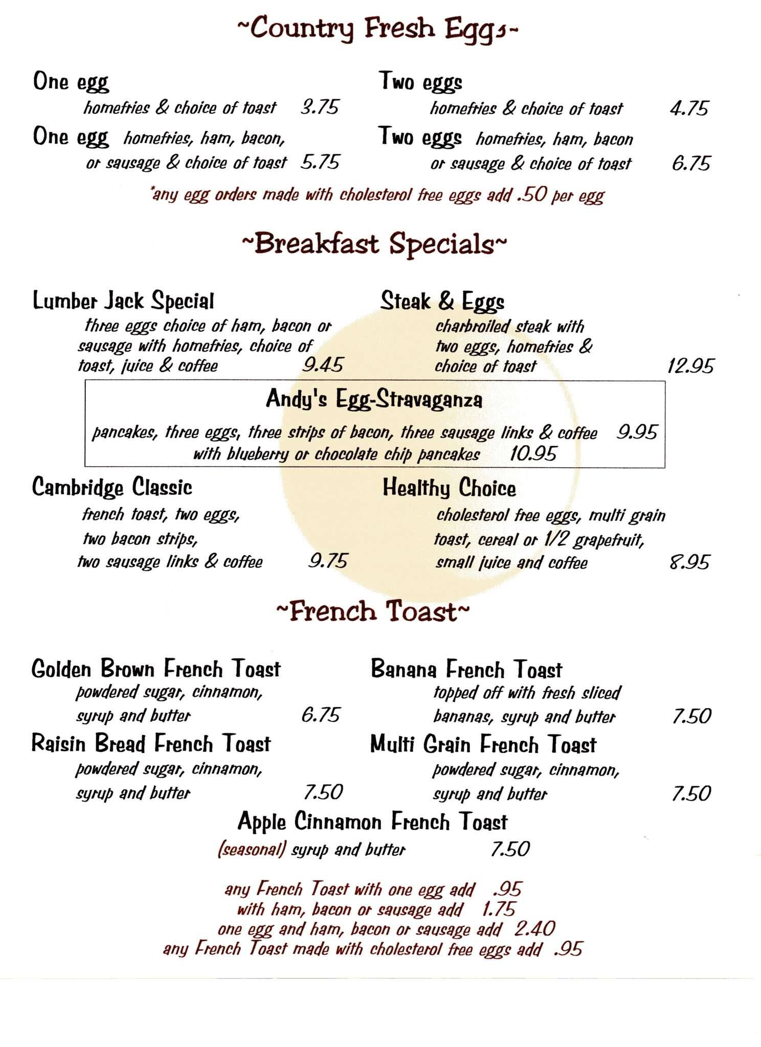 Andy's Diner menu, Menu restauracji Andy's Diner, North Cambridge