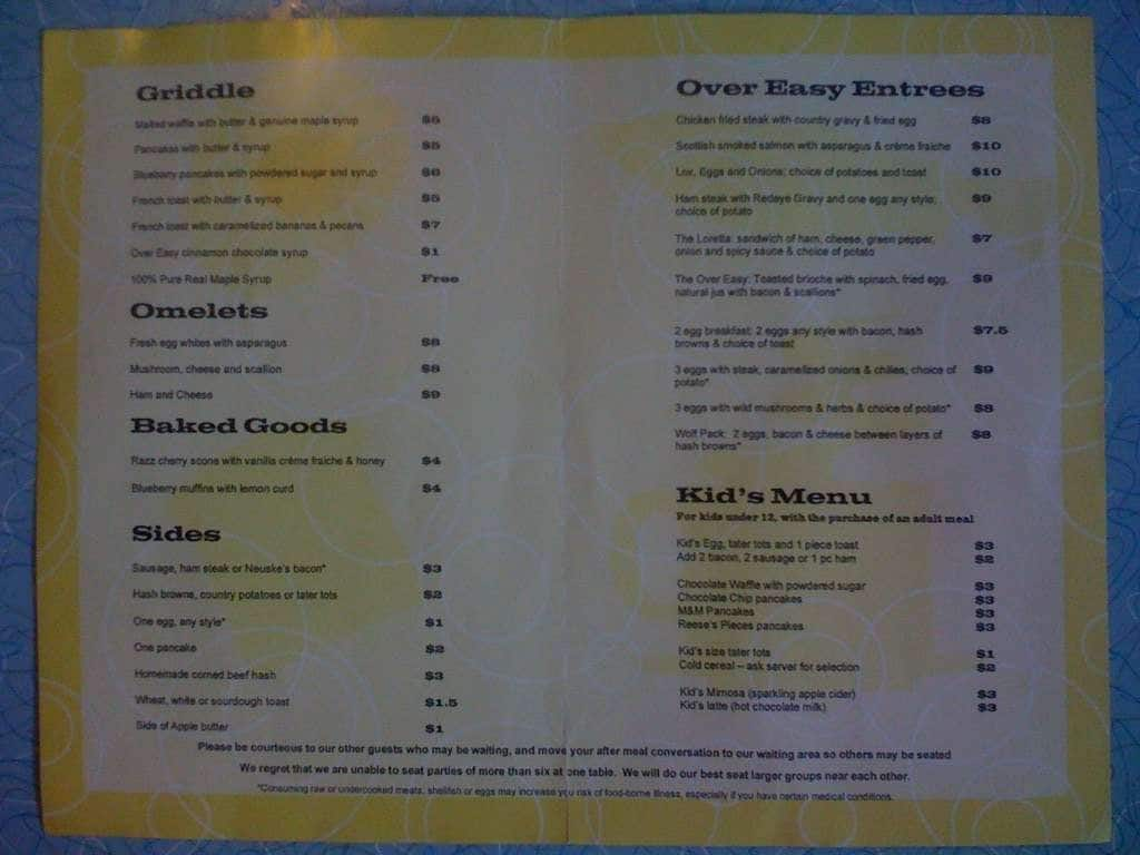 Over Easy Menu, Menu for Over Easy, Biltmore/Arcadia, Phoenix