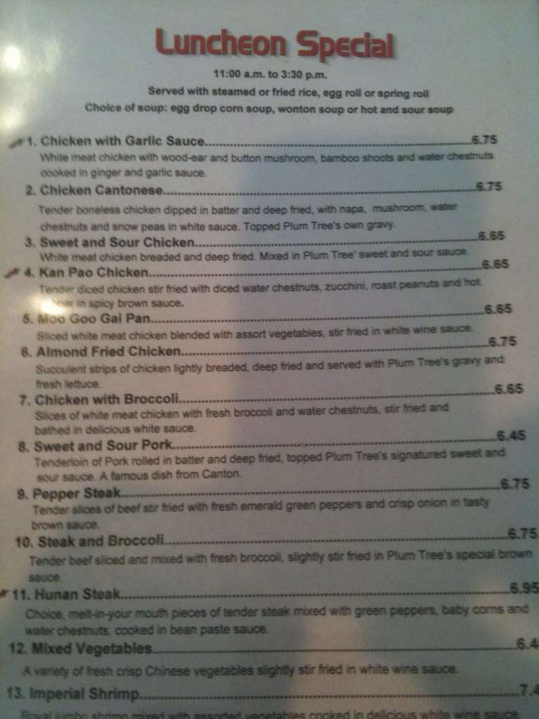 Plum Tree Menu, Menu for Plum Tree, Kingsport, Johnson City