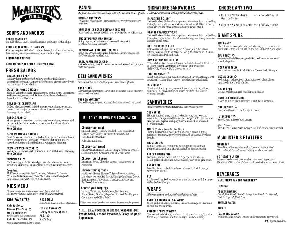 Mcalister's Deli Printable Menu