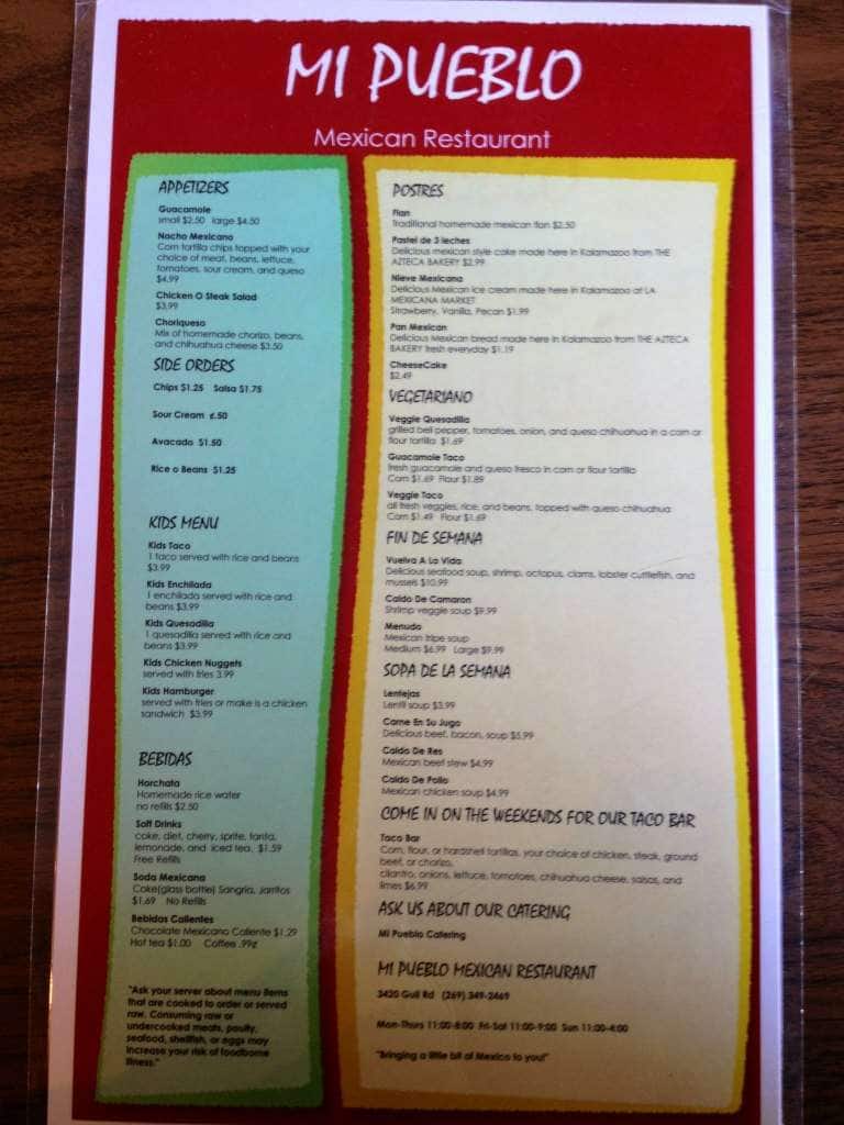 Menu at Mi Pueblo restaurant, Kalamazoo