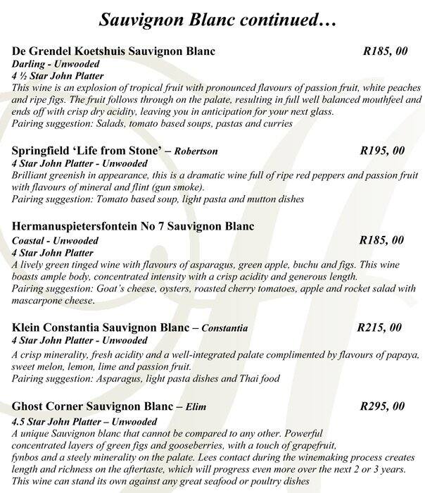 Menu at Chapters Restaurant, Centurion