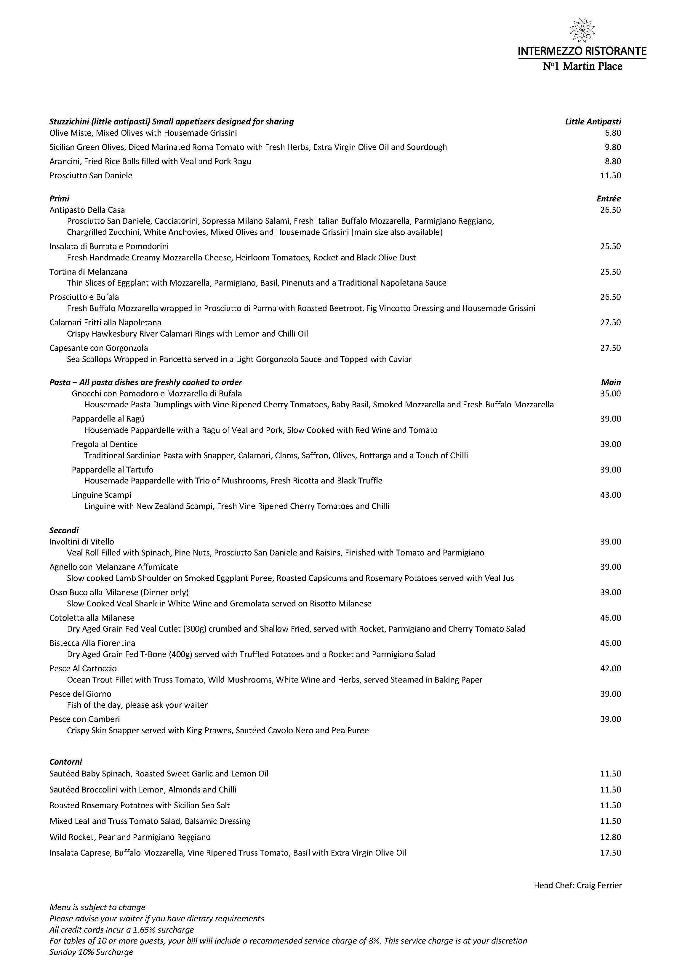 Menu at Intermezzo Italian Restaurant, Sydney