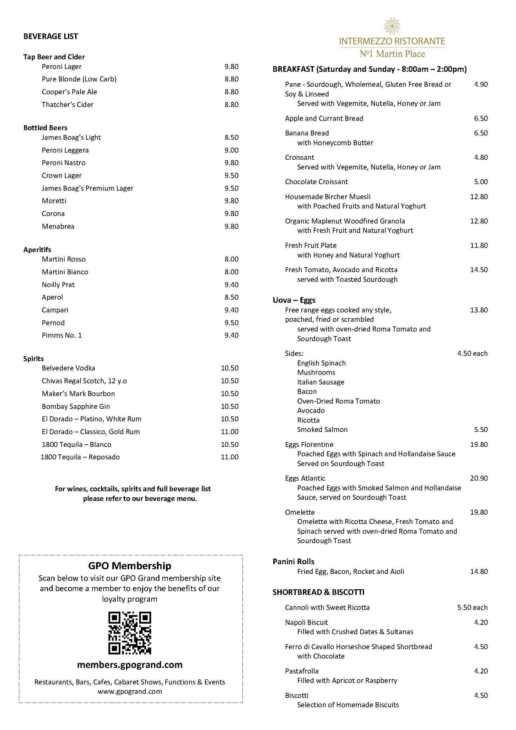 Menu at Intermezzo Italian Restaurant, Sydney