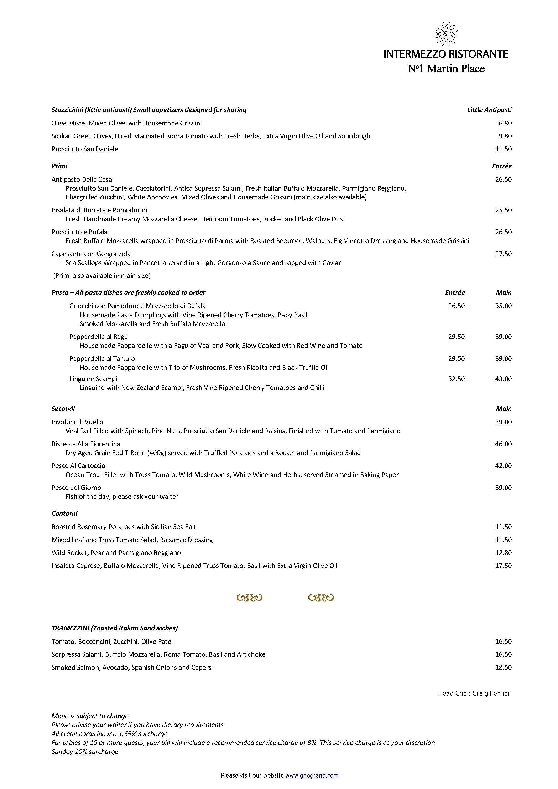 Menu at Intermezzo Italian Restaurant, Sydney