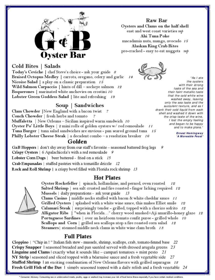 Menu At G&B Oyster Bar, Fort Lauderdale