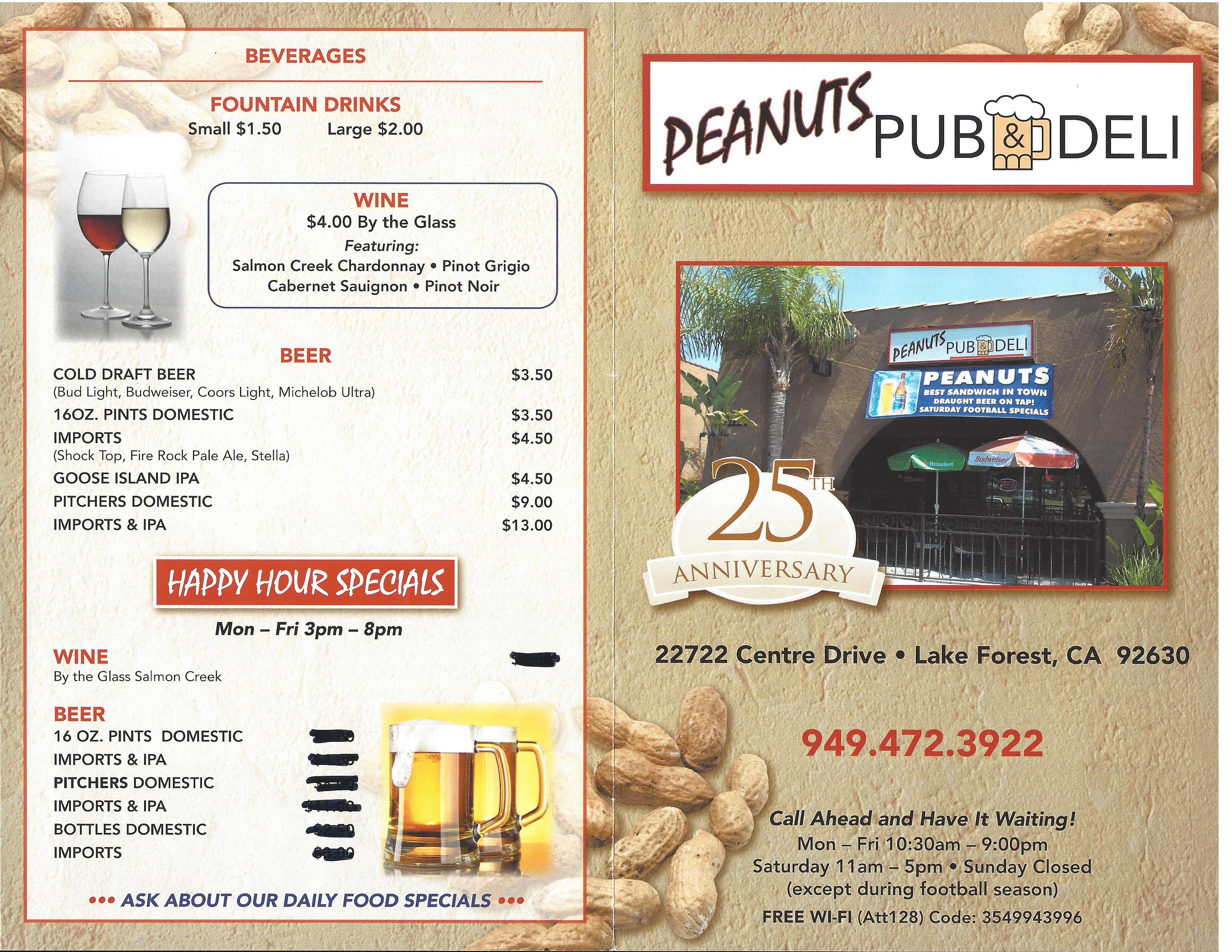 Peanuts Pub & Deli Menu, Menu for Peanuts Pub & Deli, Lake Forest