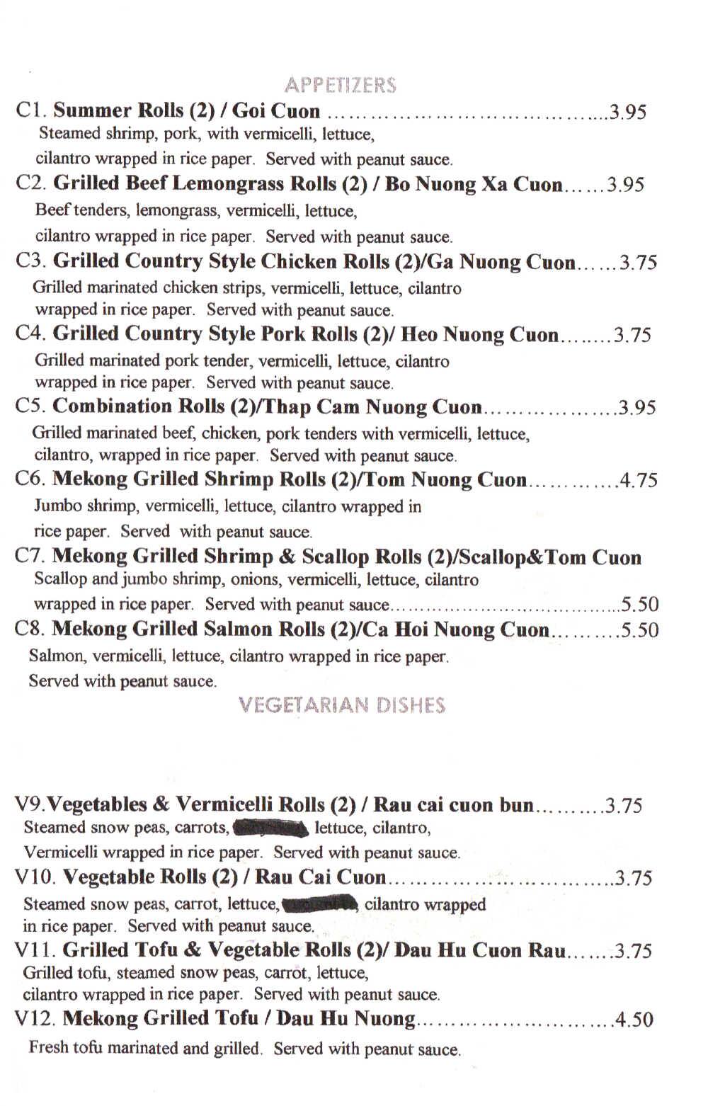 Menu at Mekong Delta Café restaurant, Baltimore