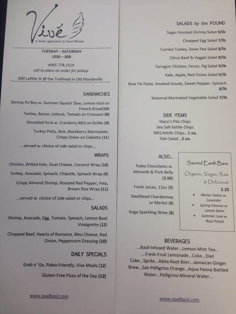 Vive Foods Menu, Menu for Vive Foods, Mandeville, New Orleans