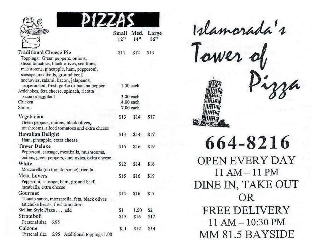 leaning tower of pizza menu