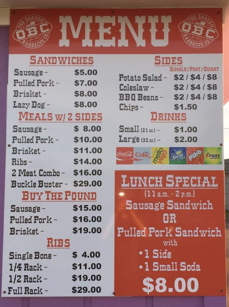 Menu at Oregon Barbecue Company, Albany