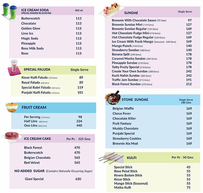 Menu of Giani, Lake Town, Kolkata