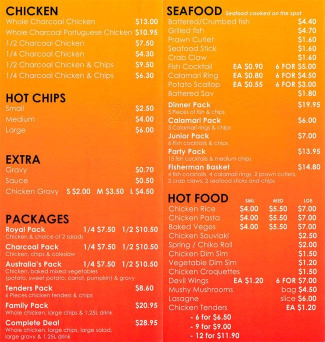 Menu at Crown Charcoal Chicken restaurant, Kellyville