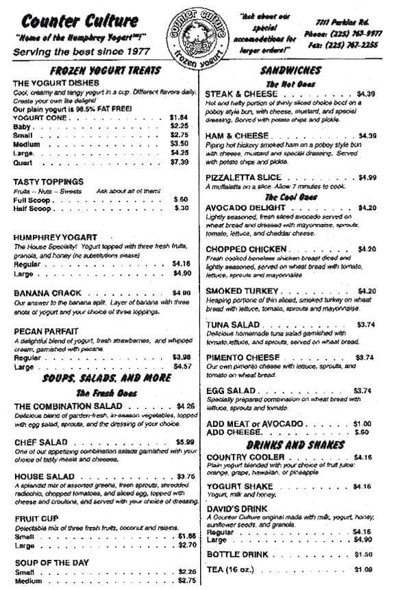 Counter Culture Frozen Yogurt Menu Urbanspoon/Zomato
