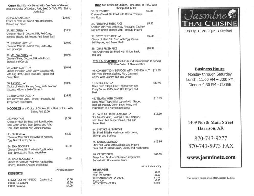 Jasmine Thai Restaurant Menu, Menu for Jasmine Thai Restaurant