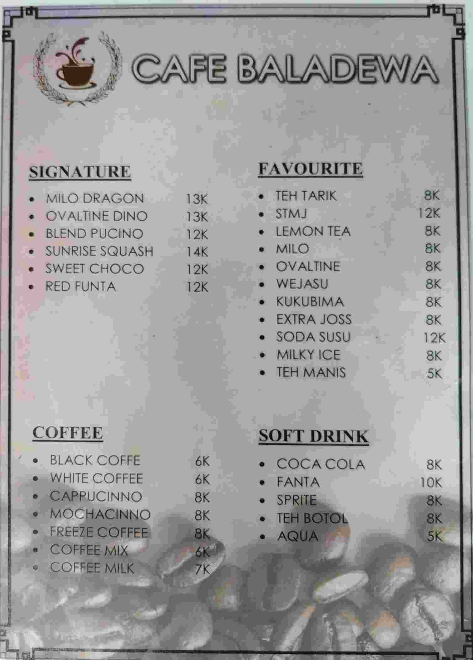 Menu at Cafe Baladewa, East Jakarta